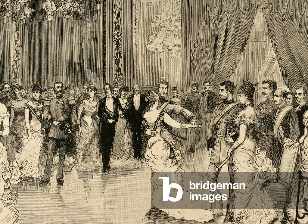 Prince Ludwig Ferdinand of Bavaria (1859-1949) and Infanta Maria da Paz of Spain (1862-1946). Dance in honor of the newlyweds. Engraving.