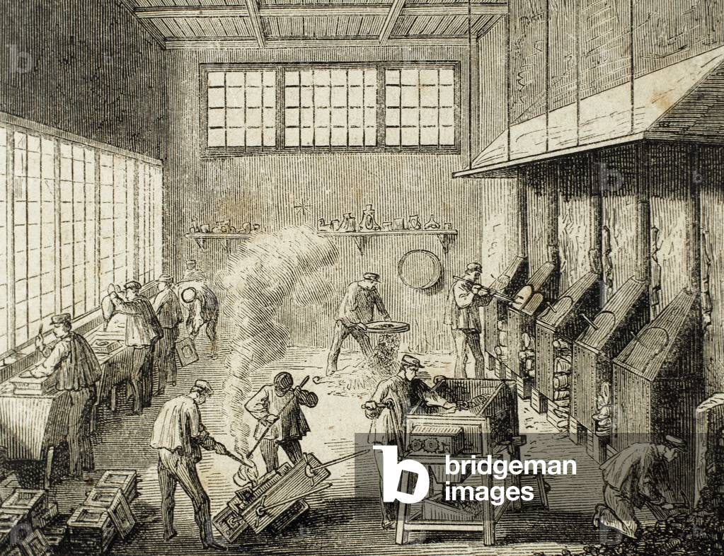 Spain. Silver Meneses. Factory. Laborers working on the casting room (engraving)