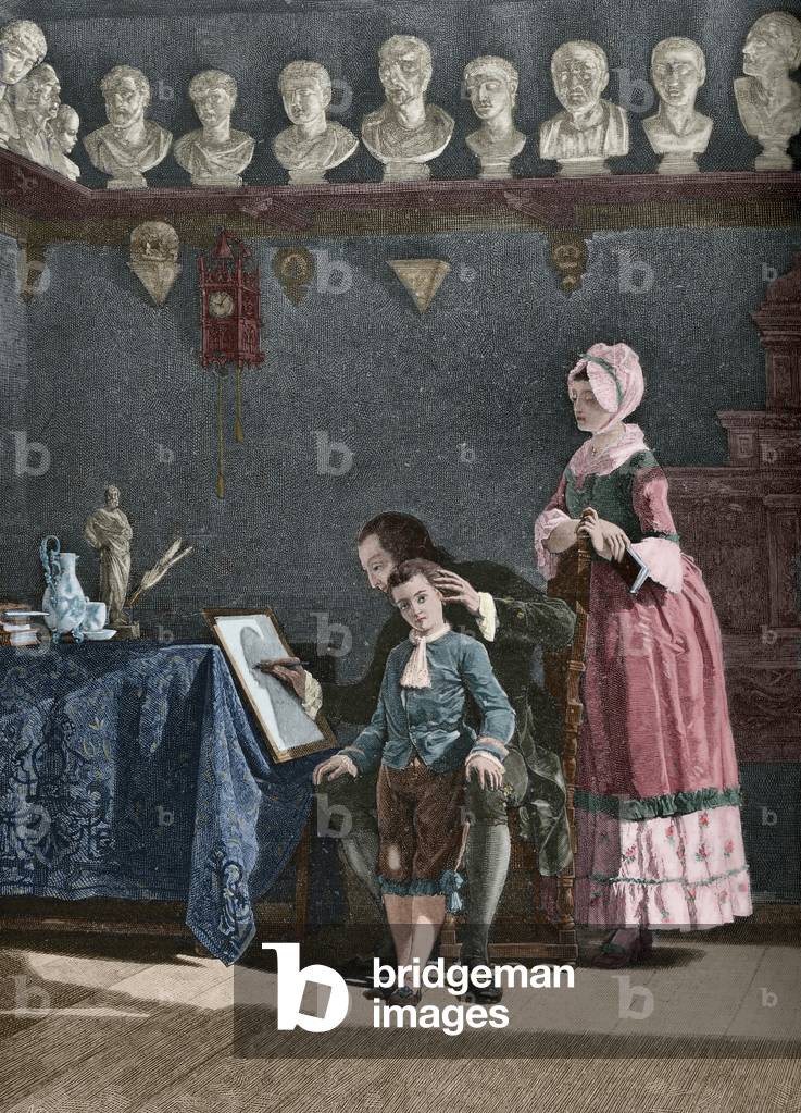 Johann Kaspar Lavater (1741-1801). Swiss writer, Protestant pastor and founder of physiognomics. Lavater doing studies of physiognomy. Engraving, 19th century. Later colouration.