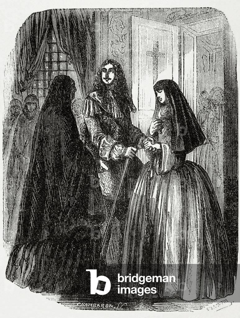 Louis XIV and his mistress Louise de La Valliere (1644-1710) (engraving)