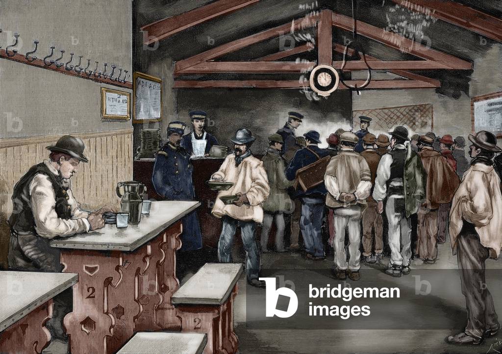 Bourbonnian restaurant in Spain (1875-1885): the charitable office of Madrid, distribution of meals to the needy - Colorised engraving from the Spanish and American Illustration, 1879 - (The charities in Madrid, Office of rations and dining - Engraving in The Spanish and American Illustration, 1879, Colored)