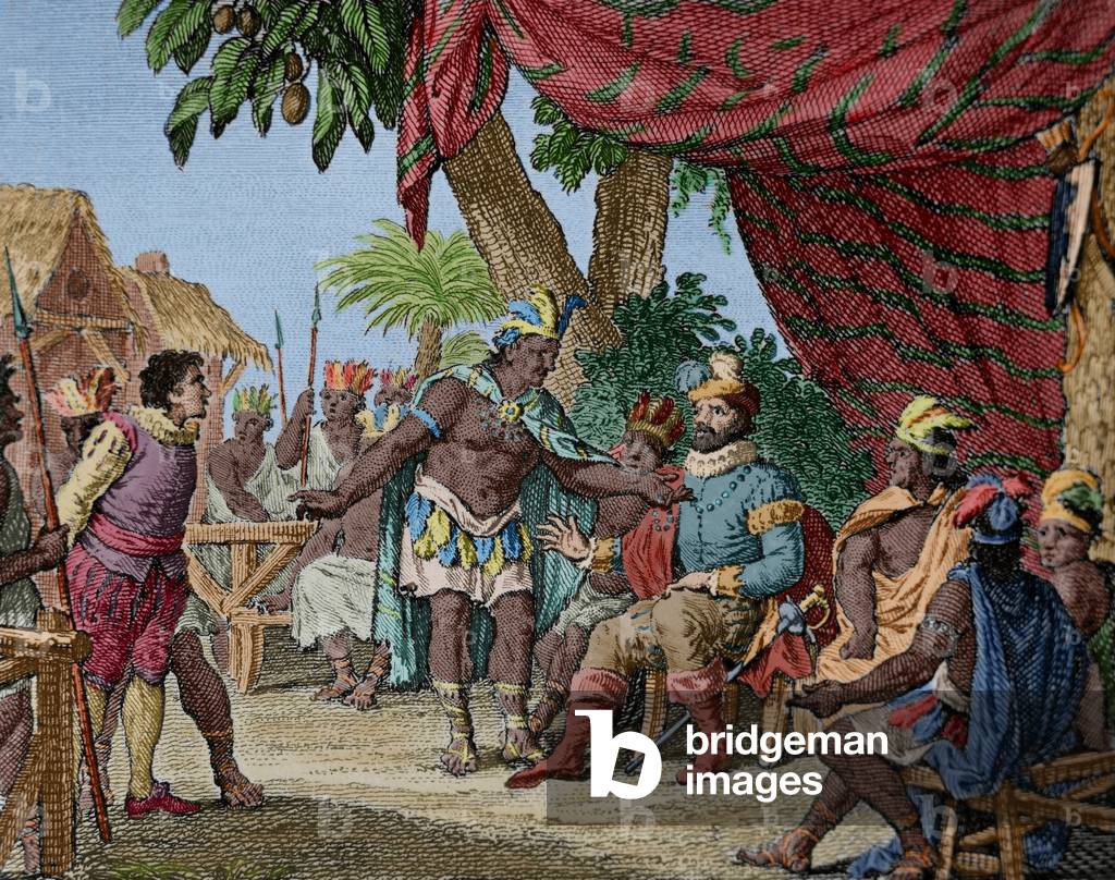 Canada. 17th century. Congress of Peace between Indian nations (coloured engraving)