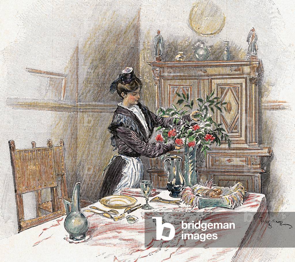 Housemaid decorating the table with a vase of flowers. Colored engraving.