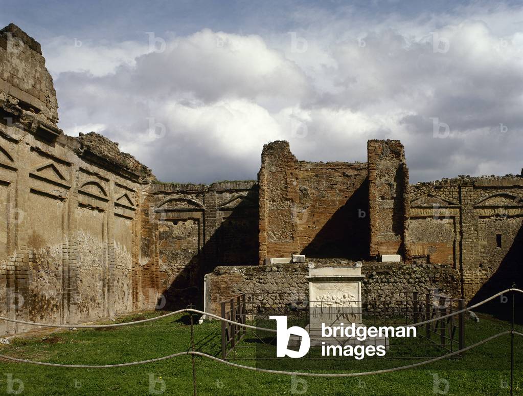 Italy. Pompeii. Temple of Vespasian (69-79 CE). Altar with a relief showing a sacrificial scene.
