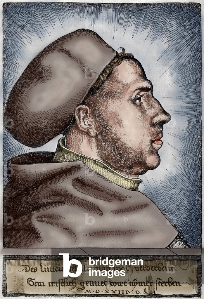 Martin Luther, (1483-1546). German reformer. Portrait. Engraving. coloured.