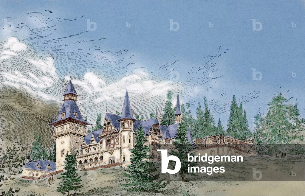 The summer residence of the Queen of Romania Elisabeth of Wied (1843-1916) - Coloured engraving, from the Iberique Illustration, 1888 (Summer residence of Elizabeth of Wied - Engraving from The Iberian Illustration, 1888, Colored)