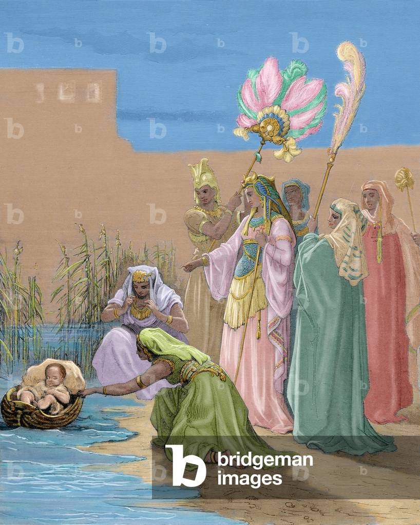 Moses rescued from the Nile by the daughter of Pharaoh of Egypt. Exodus. Engraving by Gustave Dore (1832-1883). Colored.