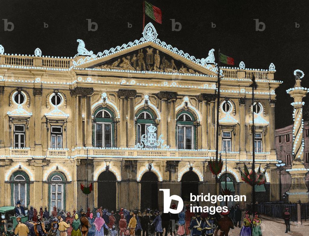 Lighting of the town hall of Lisbon, Portugal (coloured engraving)