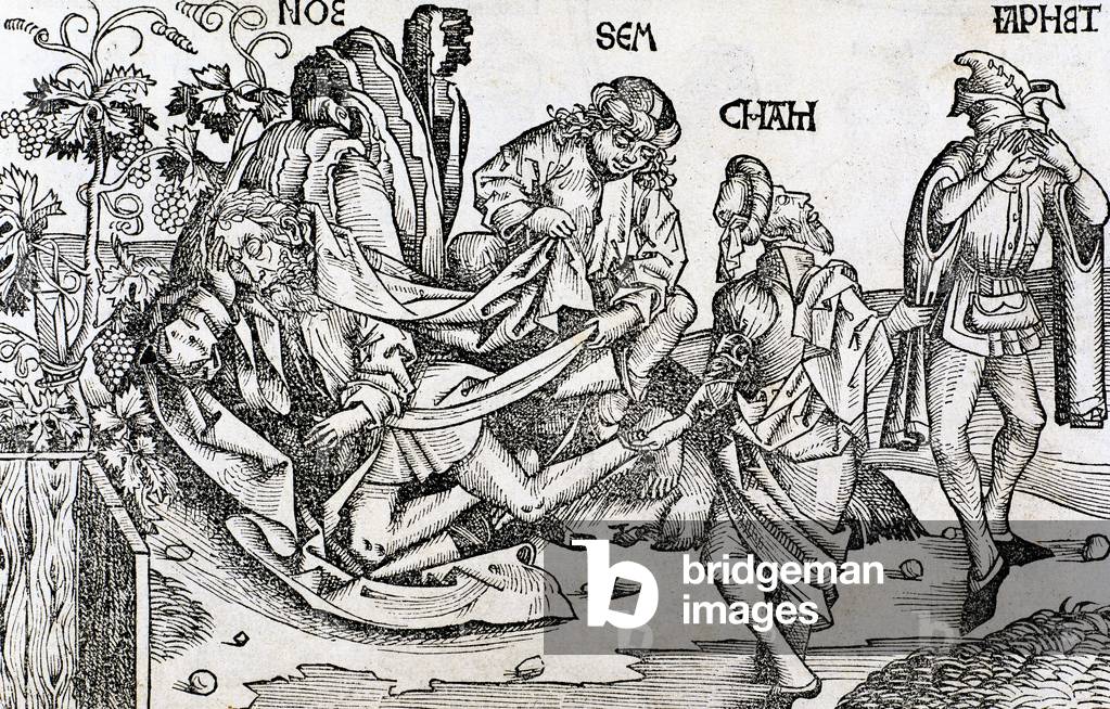 The Noah's drunkness. Japheth, Ham, Shem find their father Noah drunk..16th century engraving.