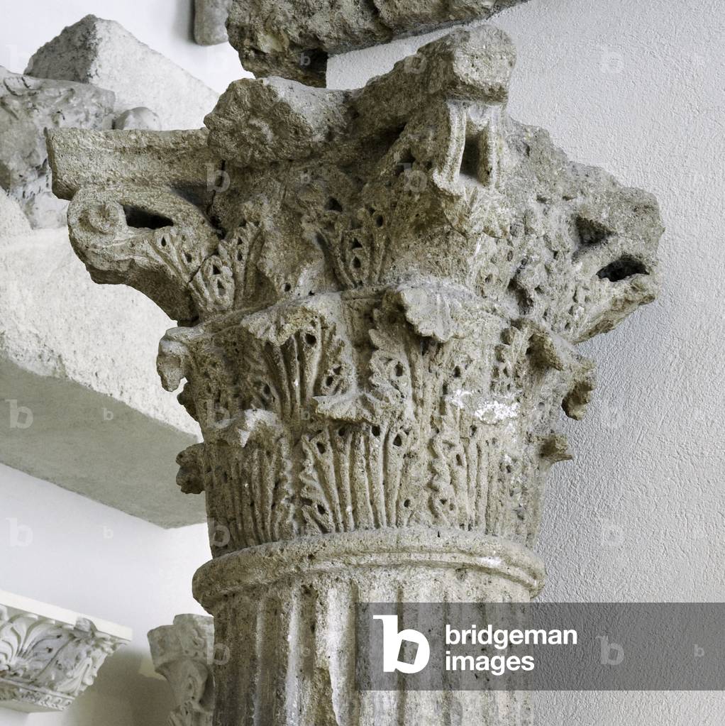 Corinthian capital decorated with acanthus leaves, Roman theatre, 1st century AD Tarragona, Spain