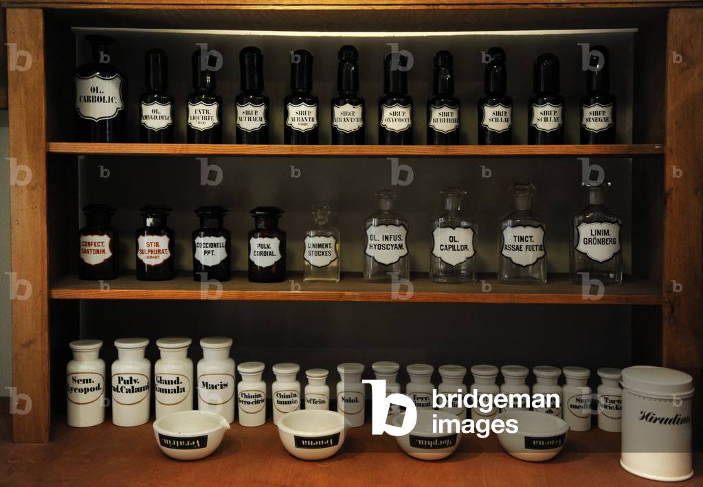 Pharmacy jars (glass and ceramic) and mortars. Museum of Pharmacy. Turku. Finland.