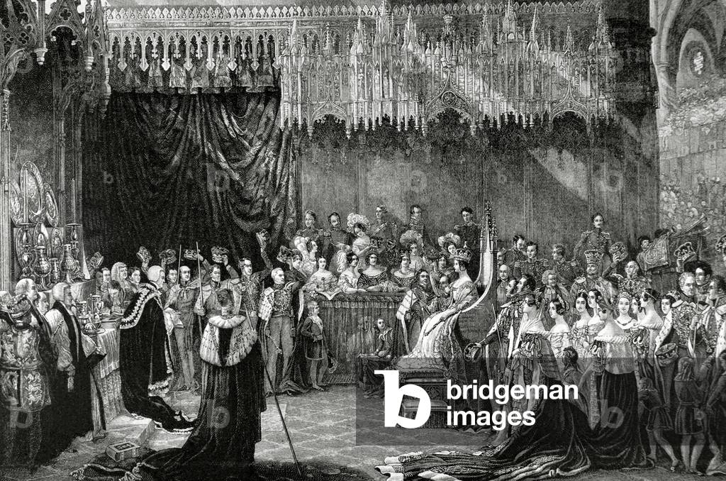 Victoria I, Coronation of Victoria as a Queen, 28 June 1838, in the Westminster Abbey, engraving after a painting of G. Hayter. 
