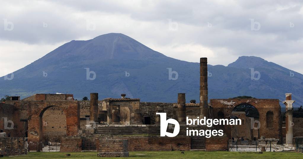 Ruins of forum and Vesuvian volcano, Pompeii, Naples, Campania, Italy