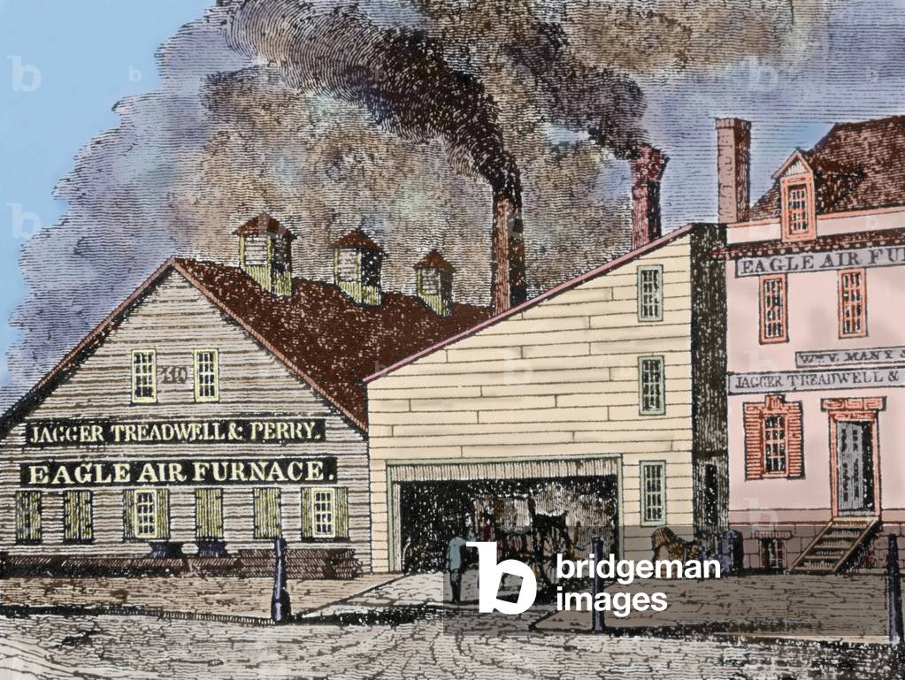 Factory Jagger Treadwell and Perry, Eagle Air Furnace, 19th century, Albany, USA (colour engraving)