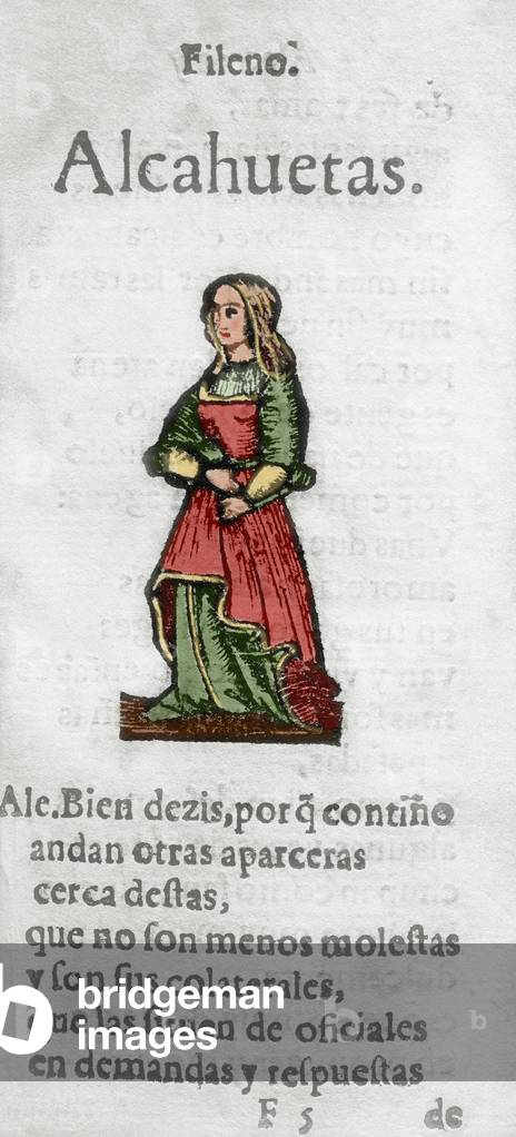 Women dialog by Cristobal de Castillejo (ca.1490-1550): engraving depicting a gossiper (coloured engraving)