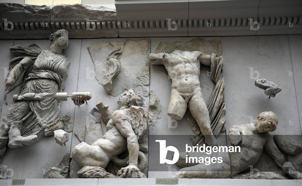 Pergamon Altar. Leto and Apollo fighting against Tityos and Ephialtes.