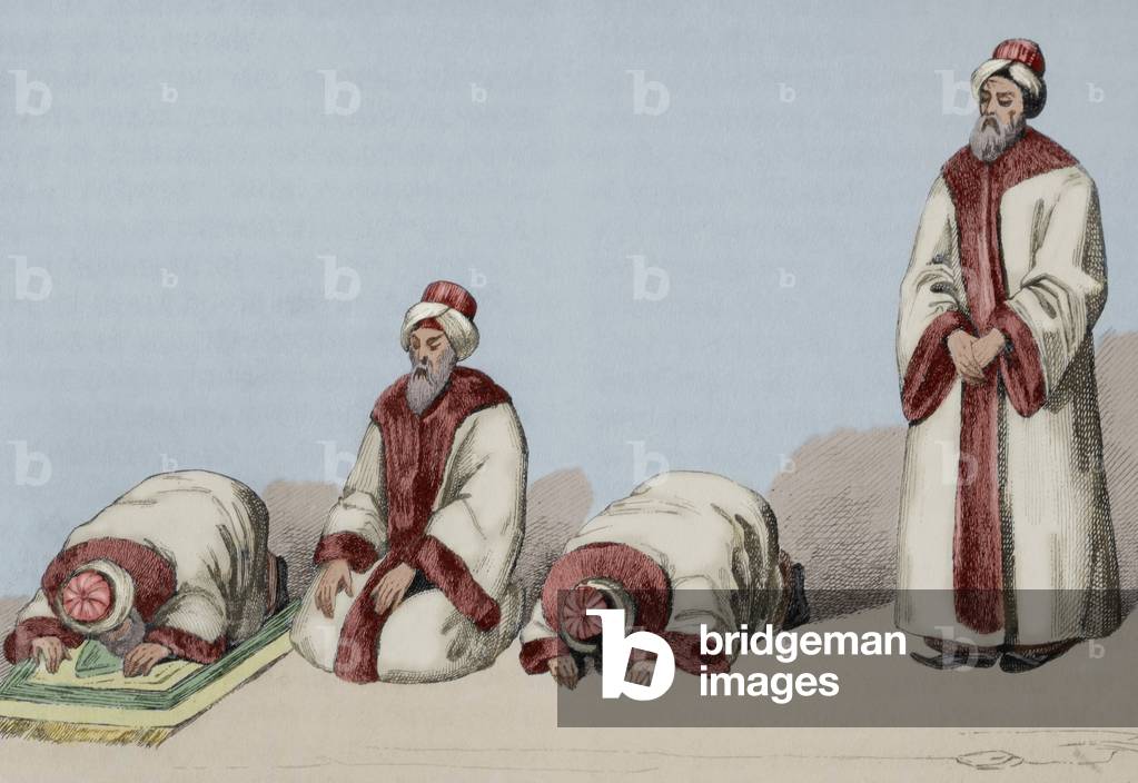 Attitudes of a Muslim during the prayer called Namaz. Engraving. Later colouration.