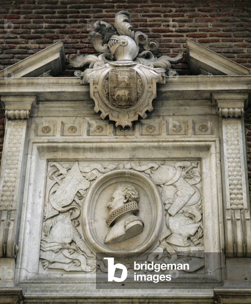 Miguel de Cervantes (1547-1616), Relief on the facade of the Convent of Las Trinitarias, Madrid, Spain (photo)