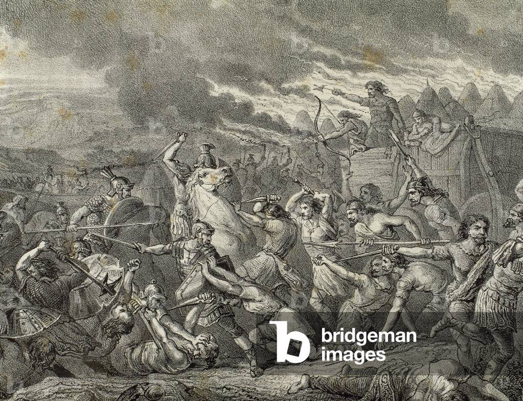 Roman conquest of Hispania, Battle between Celtiberian and Roman troops under Cayo Calpurnio Pison, 185 BC (engraving)