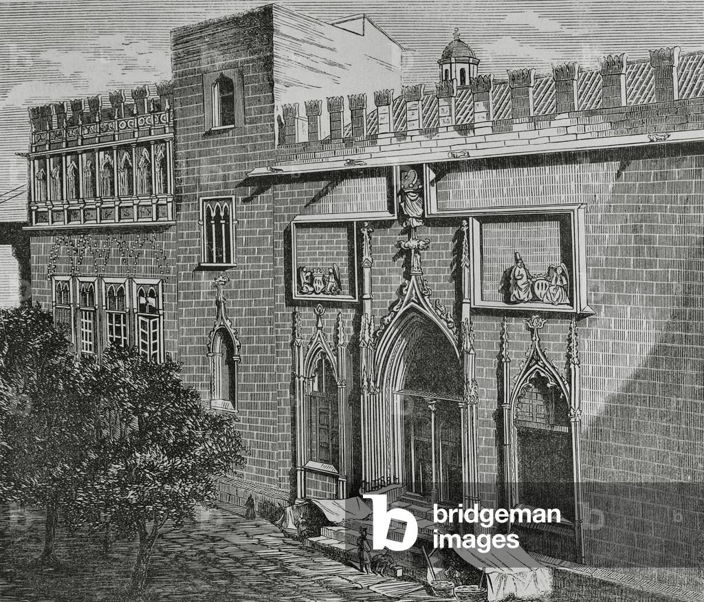 Exterior of Silk Exchange building, Valencia. Engraving, 19th century.