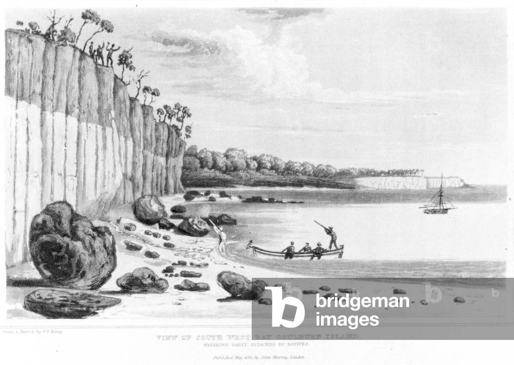 Watering Party Attacked by Natives in South-West Bay, Goulburn Island, from 'Narrative of a Survey of the Intertropical and Western Coasts of Australia' by P.P. King, 1827 (litho) (b/w photo)