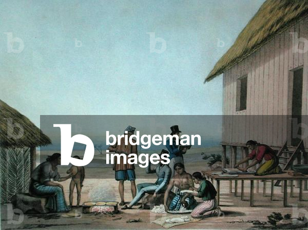 Agagna, Guam: Domestic Activities, from 'Voyage Autour du Monde sur les Corvettes de L'Uranie 1817-20' engraved by Lerouge and Choubard, published 1825 (engraving)