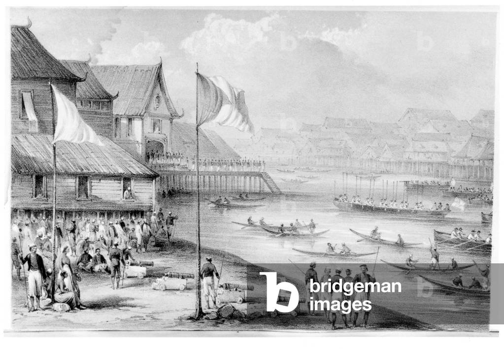 “Pax Britannica” kommt in einem Dorf in Borneo an, Frontispiece zu Band 2 “Narrative of Events in Borneo and C