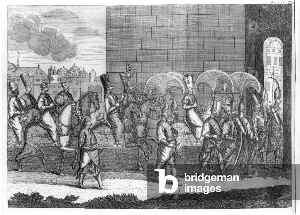 Arrivo del sultano Mustafa a Costantinopoli, da 'Voyages de Sr A. de la Motraye en Europe, Asie et Afrique', p