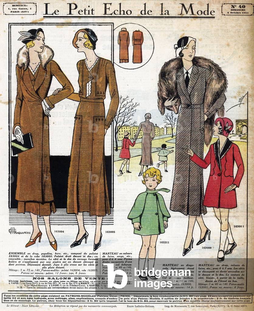 French fashion, 1931: feminine fashion (paletot, dress and coat) and childish fashion (coat). In “” Le petit echo de la mode””, October 4, 1931.