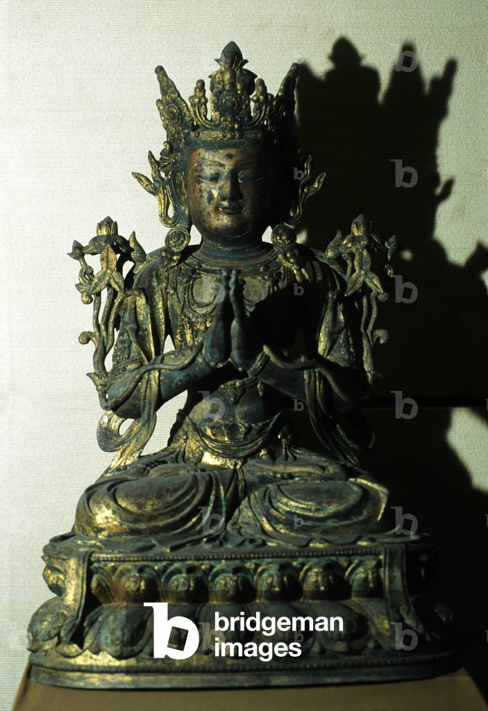 Buddha representing the Buddha, hands folded, seated on a double lotus plinth (gilt bronze)