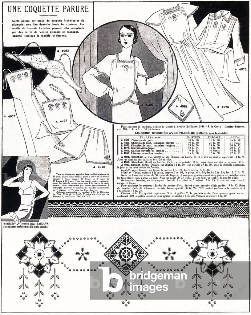 French feminine fashion, 1933: lingerie (nightgown, petticoat, panties, bra). In “Le petit echo de la mode”, 1933.