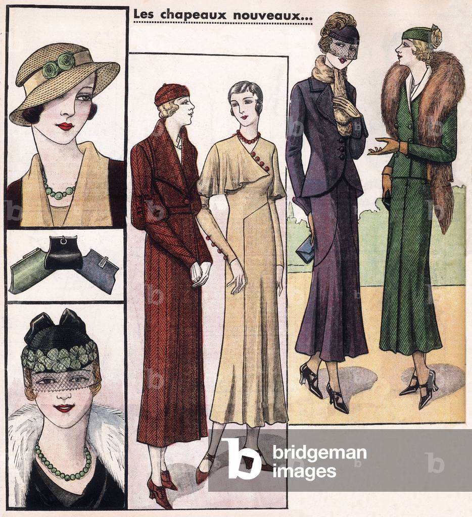 French feminine fashion and accessories, 1933: hats and bags. In “Le petit echo de la mode”, 1933.