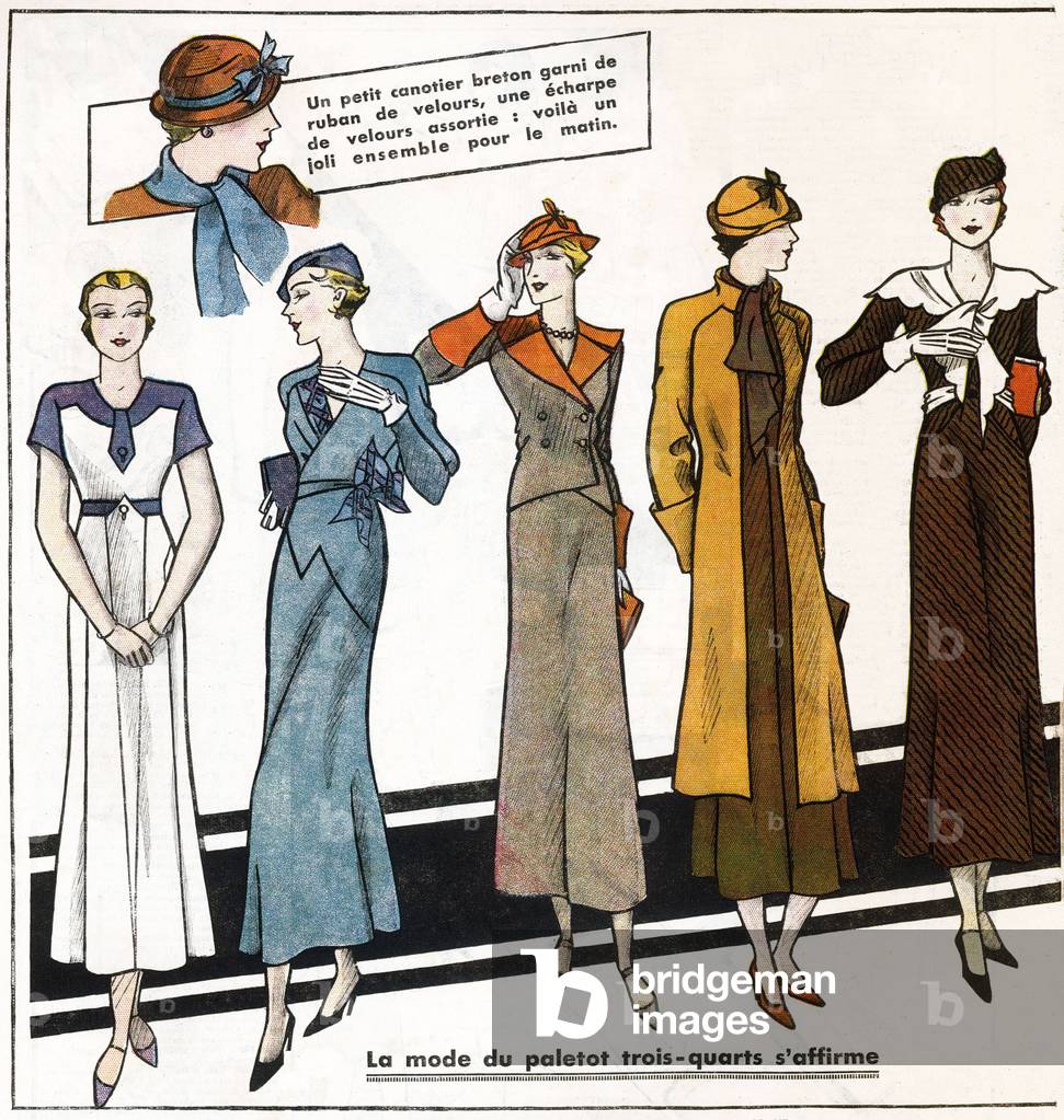 French feminine fashion, 1933: pallets and hats (canoeists). In “Le petit echo de la mode”, 1933.