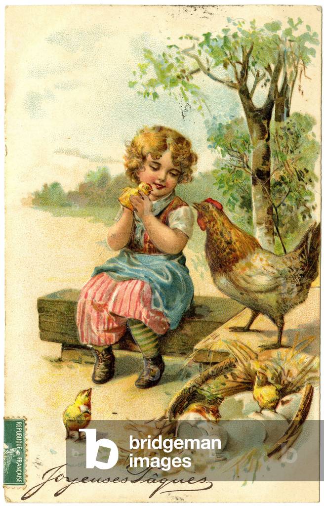 Postcard, Easter greetings: girl with chicken, chick and egg.