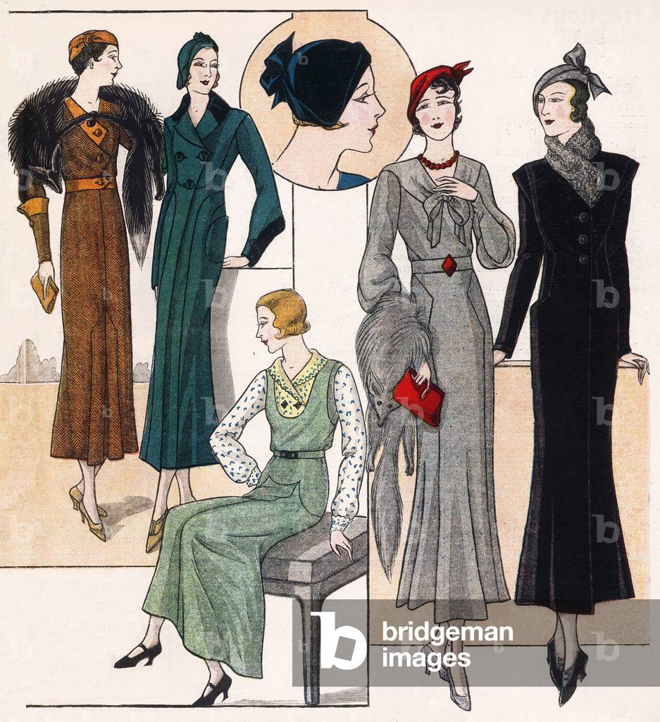 French feminine fashion, 1932: dress, hats and coats with a “fox tie”. In “Le petit echo de la mode”, 1932.