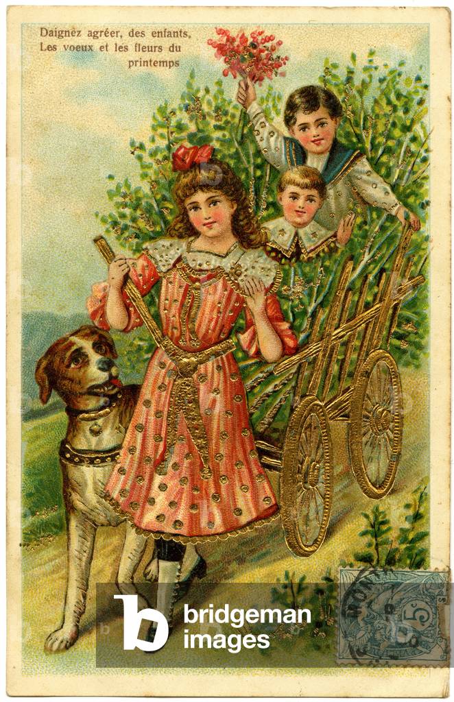 Postcard, please accept, children's wishes and spring flowers (printed paper in chromolithography with added gilding)