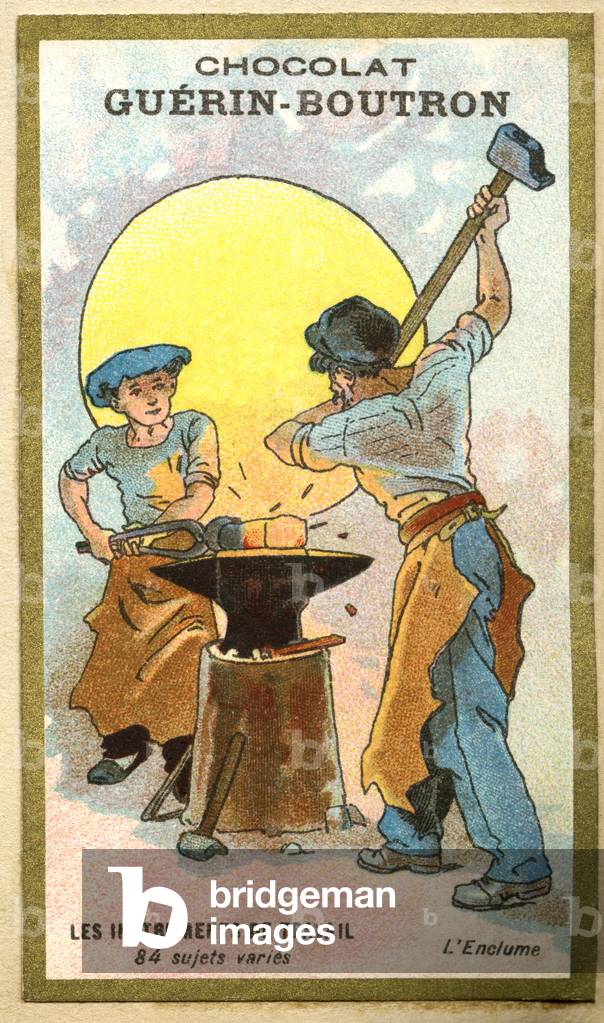 Advertising chromolithography of chocolates Guerin Boutron, work instruments, 84 varied subjects, the anvil (chromolithograph)