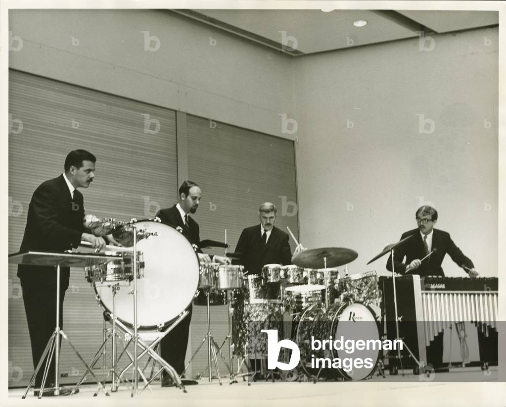 New Percussion Quartet at Albright-Knox Art Gallery with percussion instruments , 1967