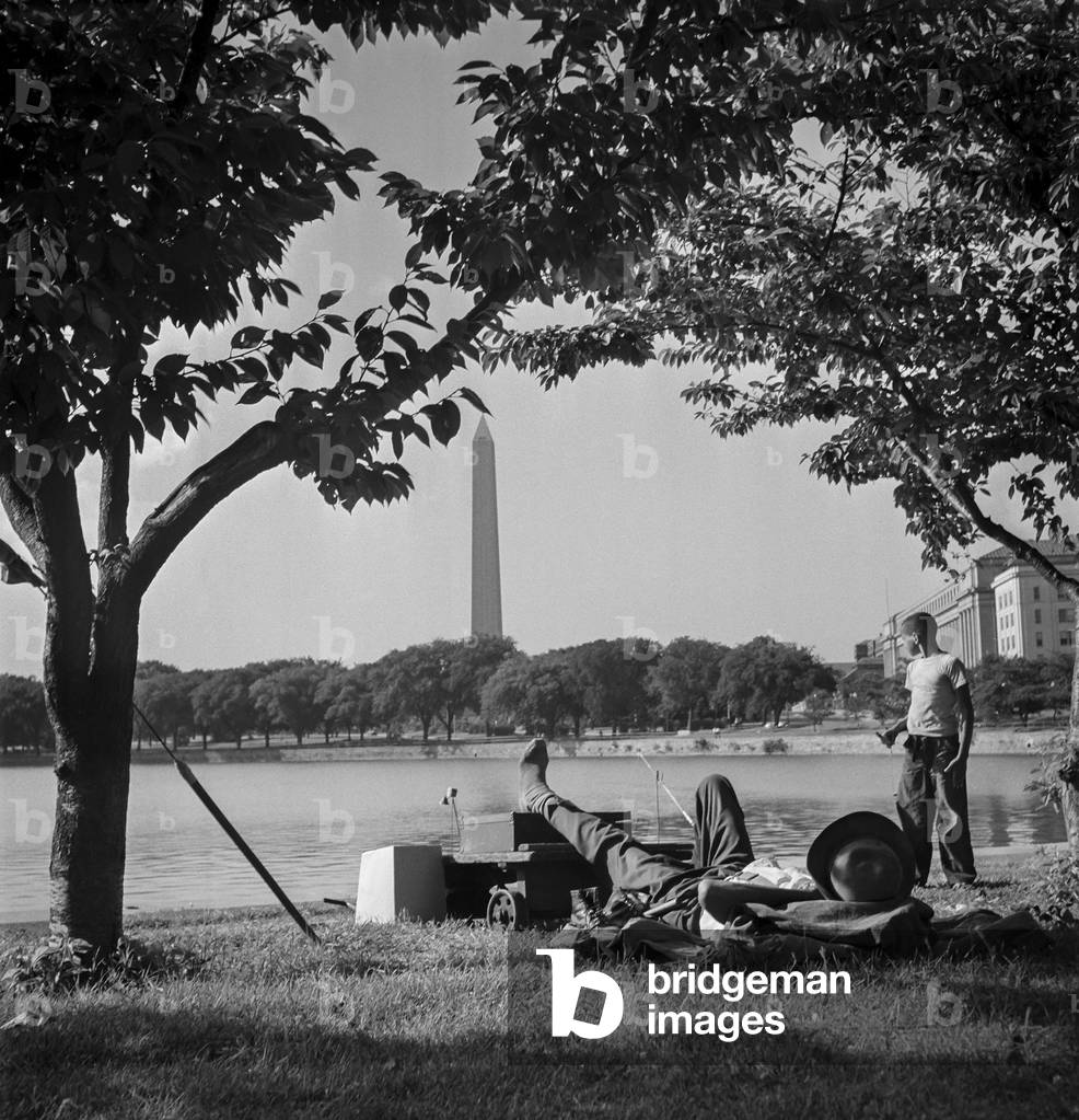 Fishing in Tidal Basin, Washington DC, 1948 (b/w photo)