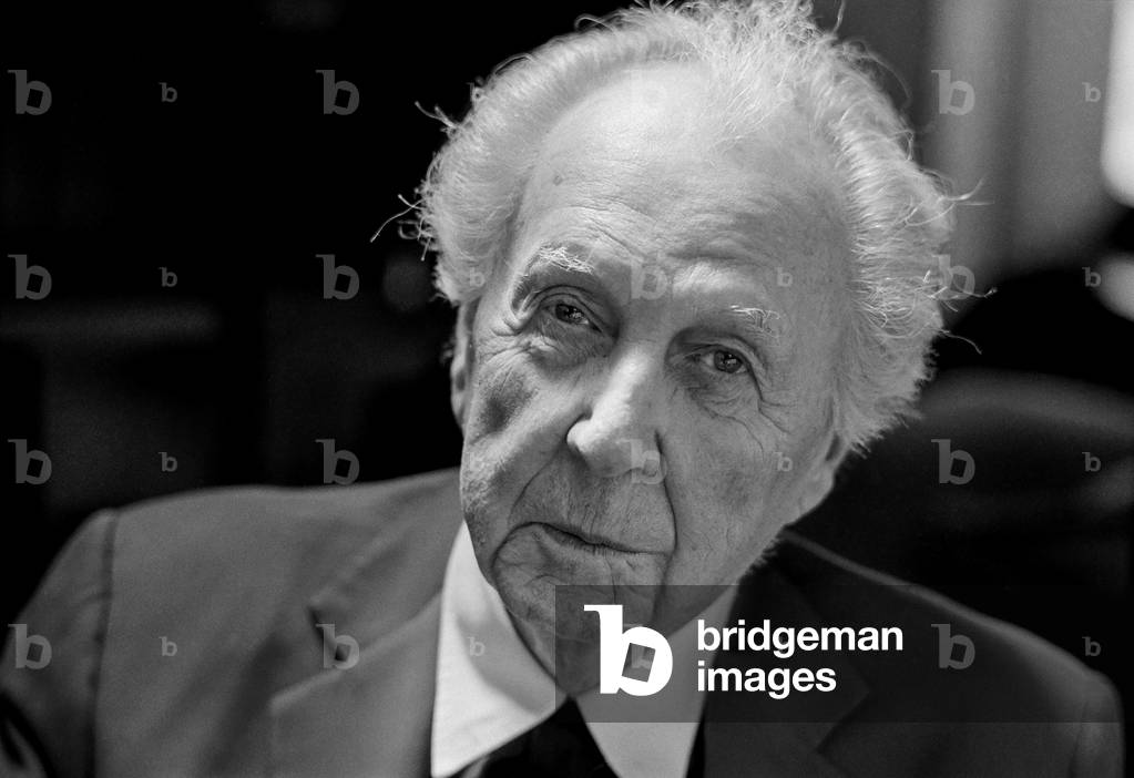 Frank Lloyd Wright at Taliesin Spring Green, Wisconsin, 1957 (b/w photo)