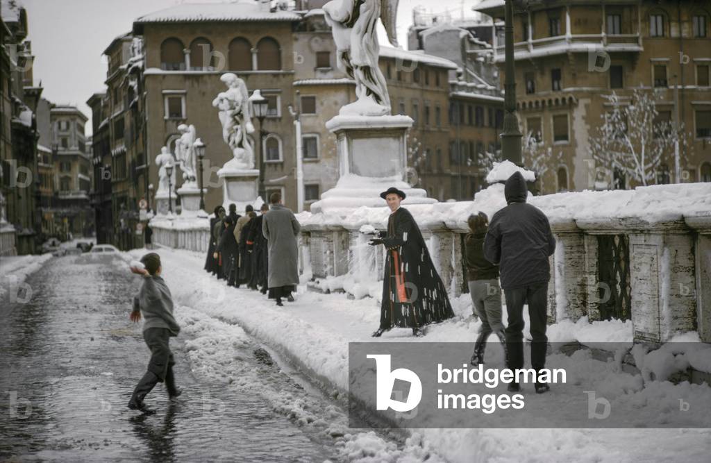 Kids having a snow fight with a priest of the Ponte Sant'Angelo, Rome, 1965 (photo)