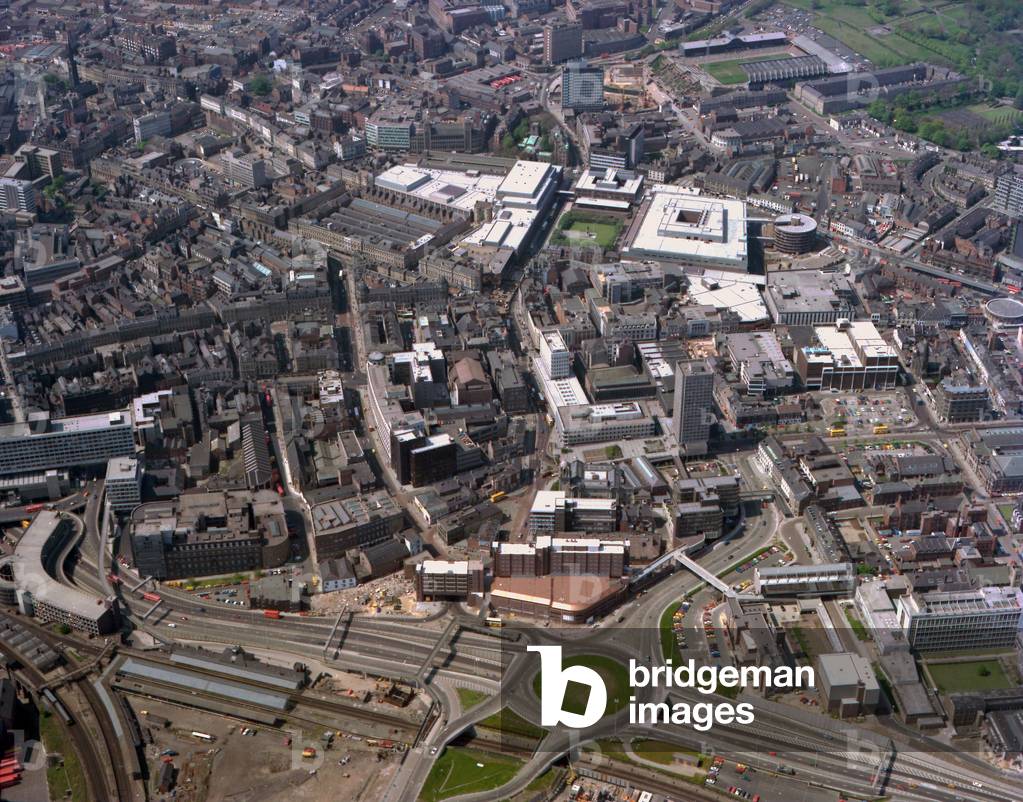 Aerial view looking west across Newcastle City Centre, Newcastle upon Tyne, UK, 1977 (photo)