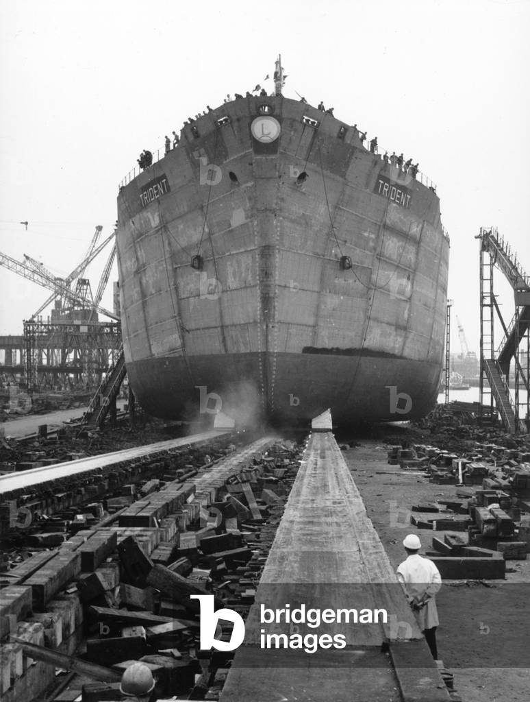 Launch of the tanker 'Trident',  Sunderland, Tyne and Wear, UK, 1967 (b/w photo)
