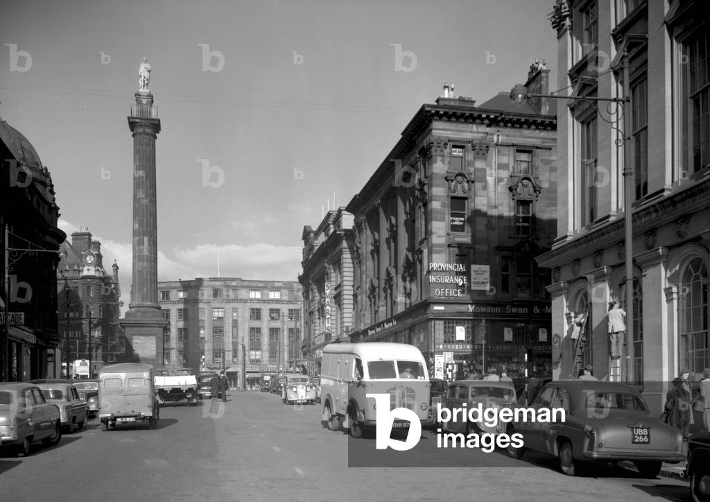 View looking up Grey Street towards Grey's Monument, Newcastle upon Tyne, October 1955 (b/w photo)