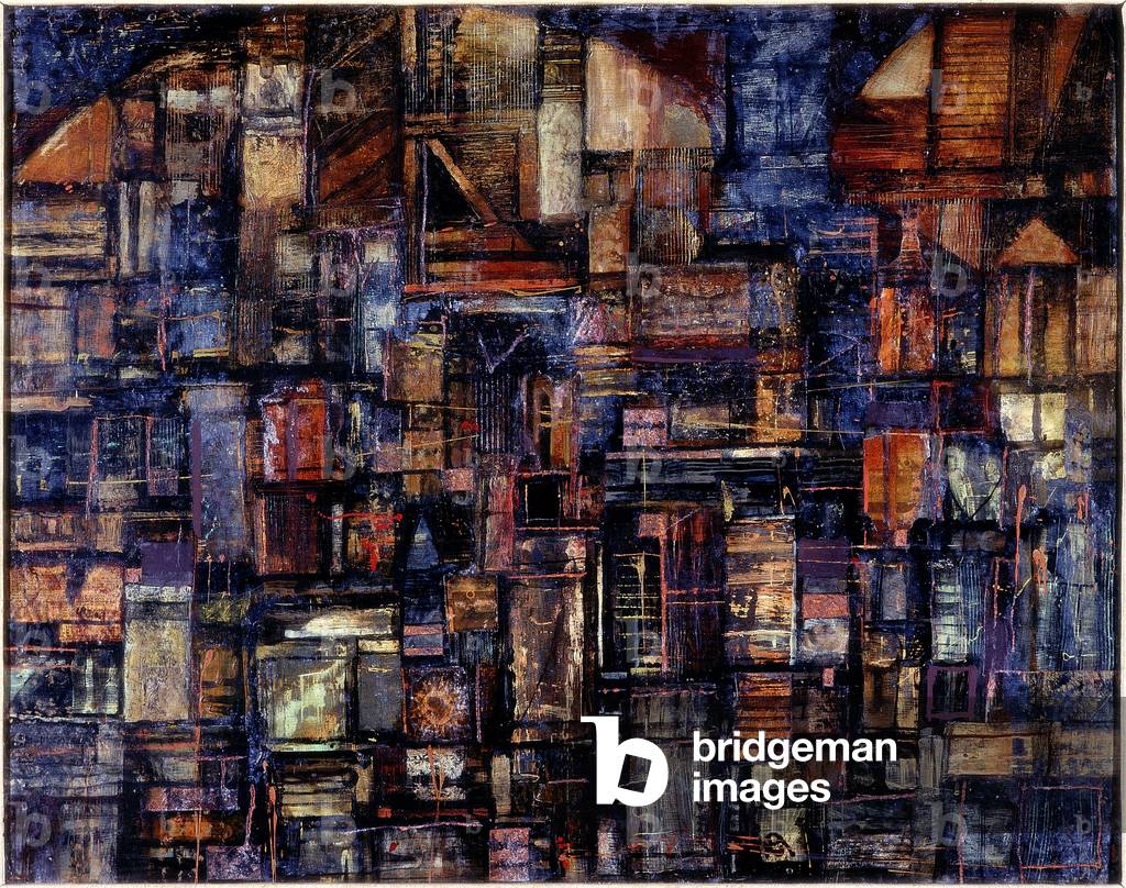 Viaduct, Durham, 1962 (newspaper & oil on board)