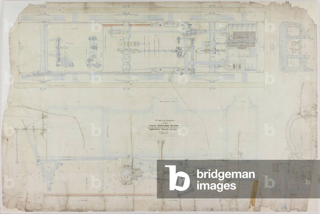 Construction drawing for the 2-2-2 locomotive by R. & W. Hawthorn & Co. for the Great Northern Railway Co., 1848