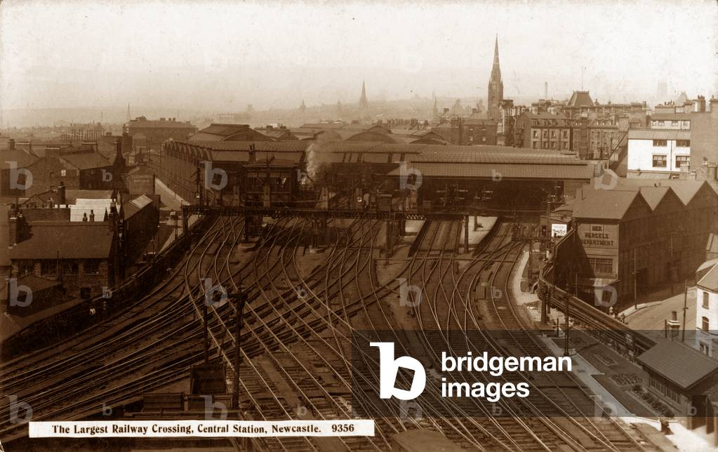 Postcard showing the 'largest railway crossing' at Newcastle Central Station, Newcastle upon Tyne, UK,  c.1930-39