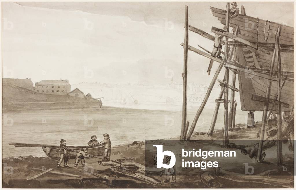 Boat Builders on the Tyne, 1820 (pencil & wash (brown) on paper)