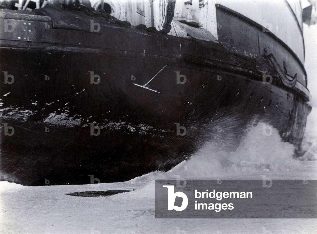 Detail of the hull of the ice-breaking train ferry steamer 'SS Baikal', Lake Baikal (b/w photo)