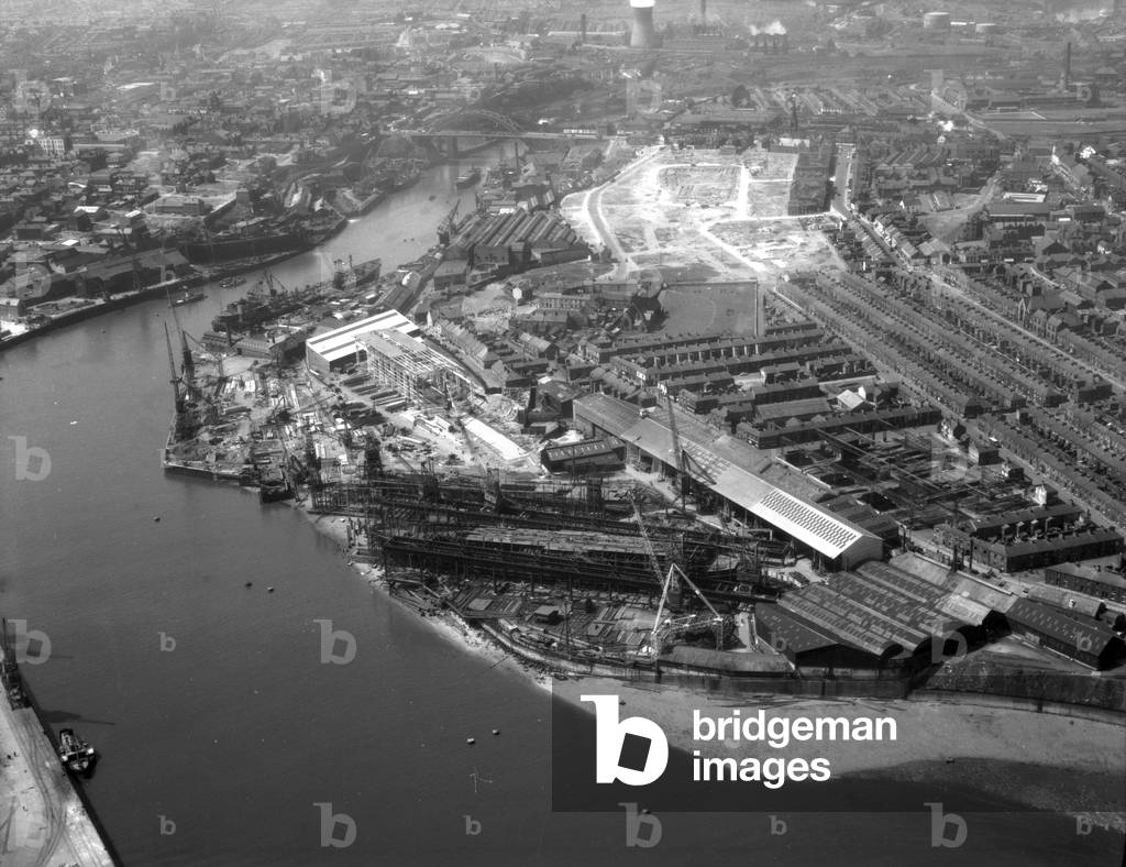 Aerial view of The North Sands Shipyard, Sunderland, UK, 1959 (b/w photo)